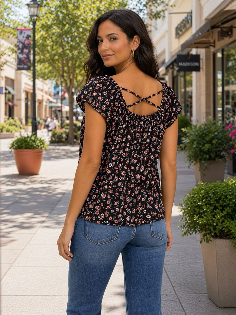 No Boundaries Black Floral Crisscross-Back Blouse